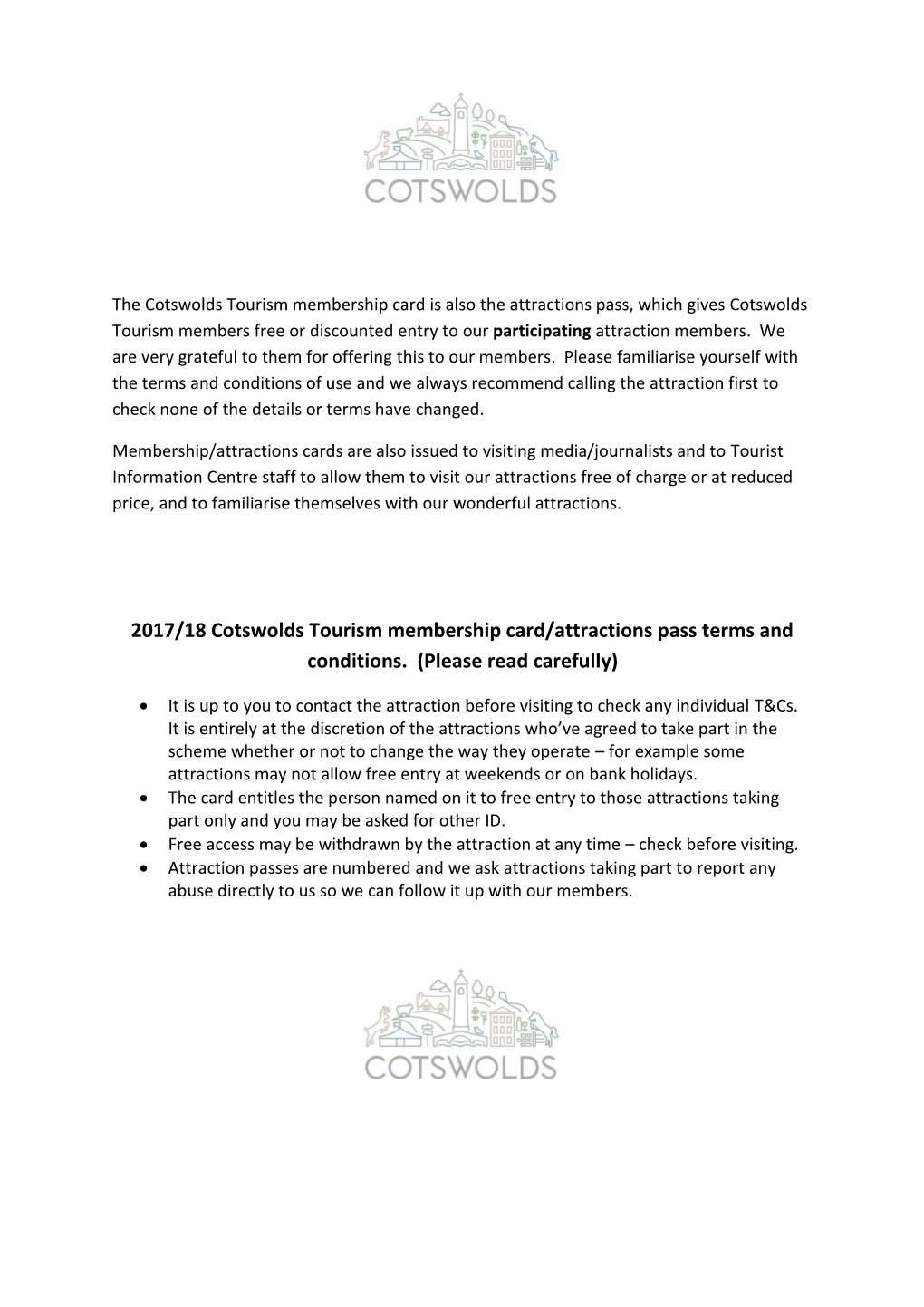 2017/18 Cotswolds Tourism Membership Card/Attractions Pass Terms and Conditions