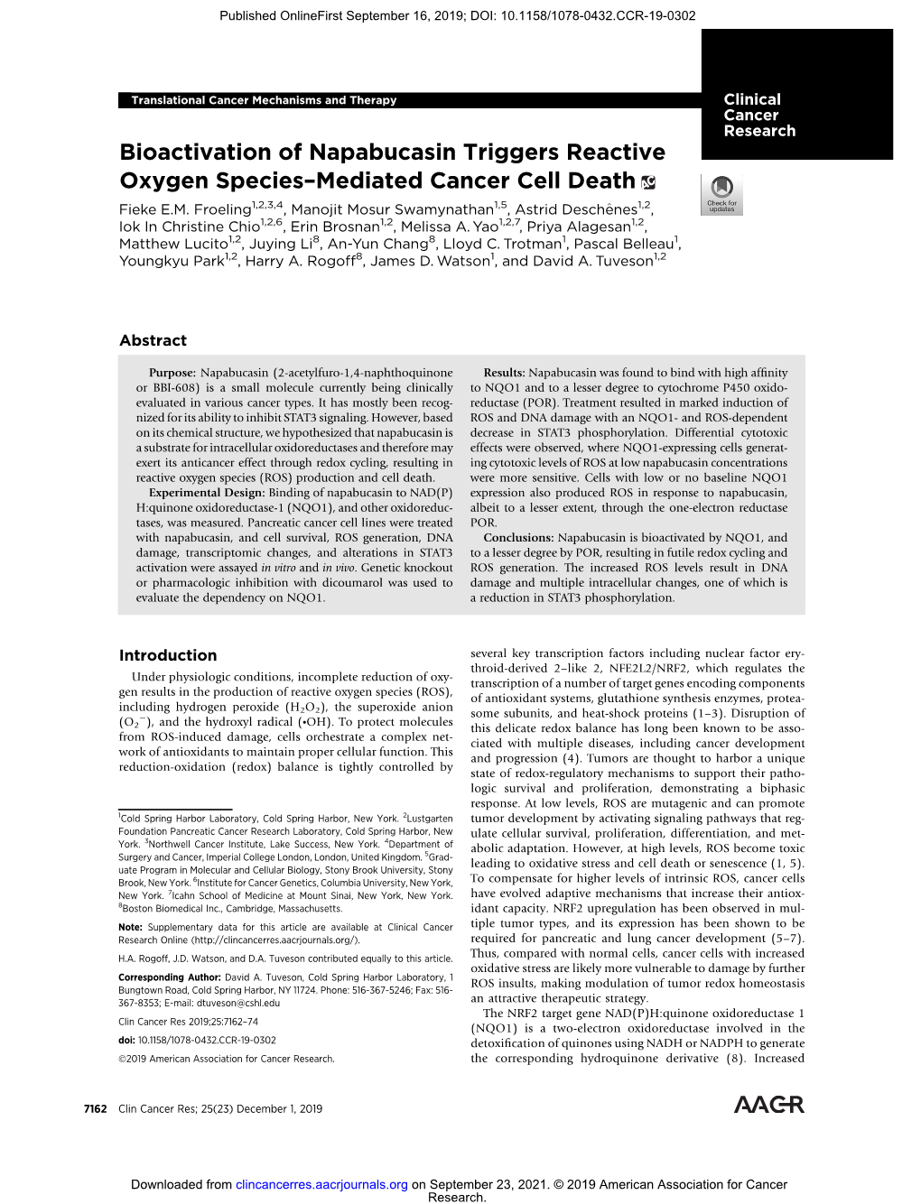 Bioactivation of Napabucasin Triggers Reactive Oxygen Species–Mediated Cancer Cell Death Fieke E.M