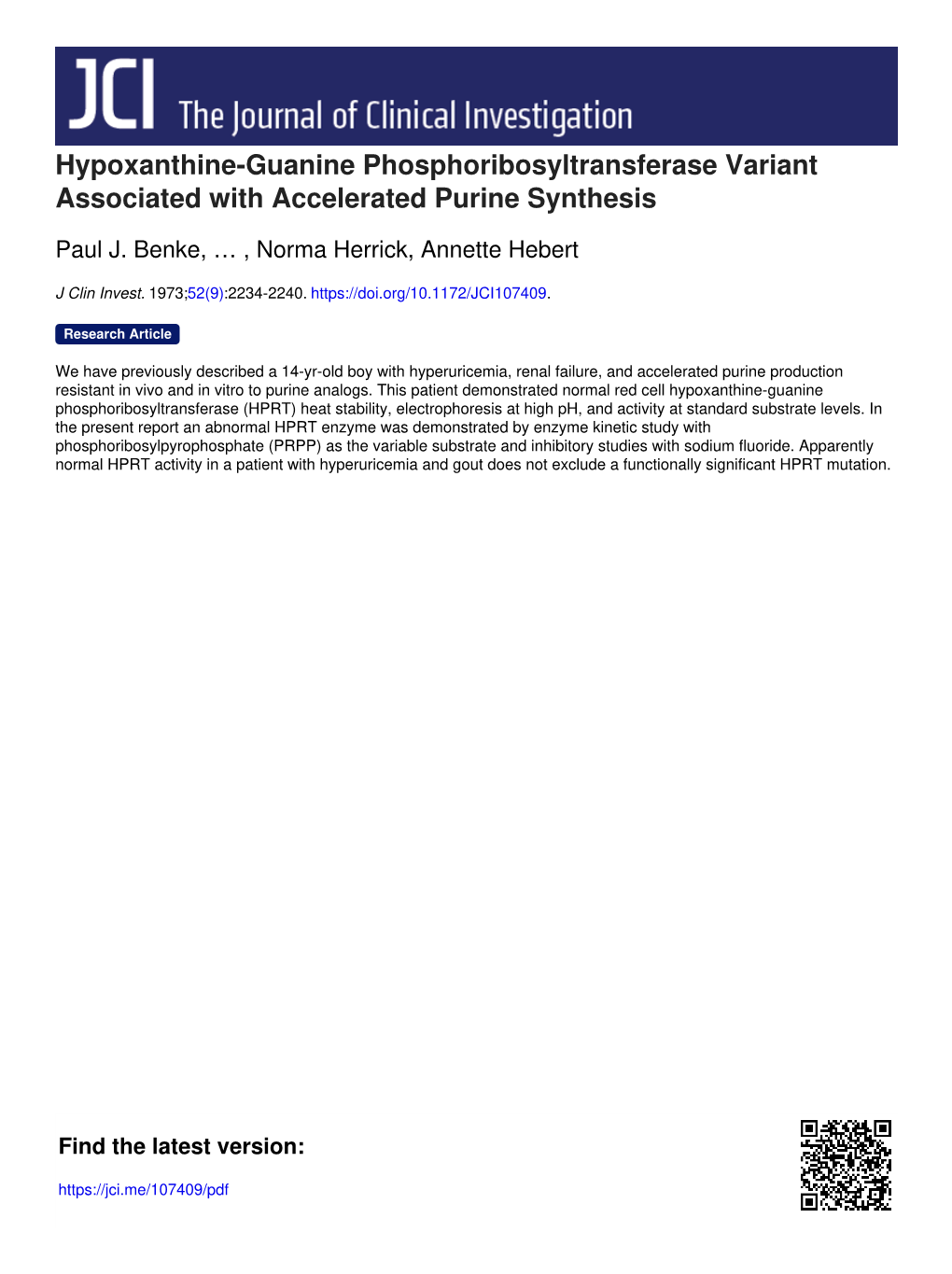 Hypoxanthine-Guanine Phosphoribosyltransferase Variant Associated with Accelerated Purine Synthesis