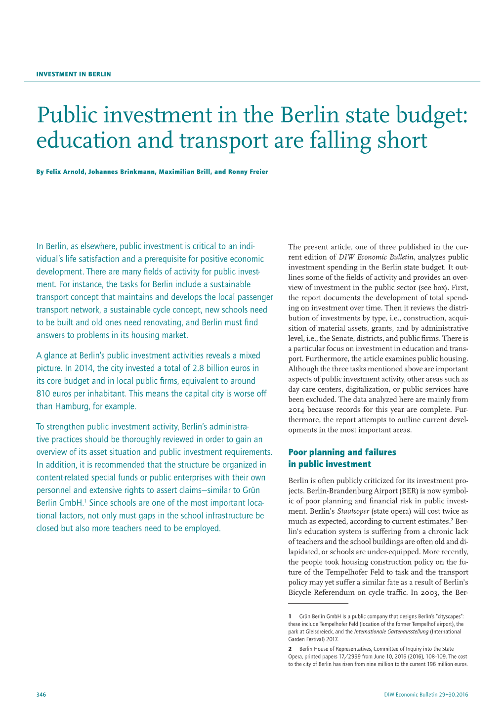 Public Investment in the Berlin State Budget: Education and Transport Are Falling Short