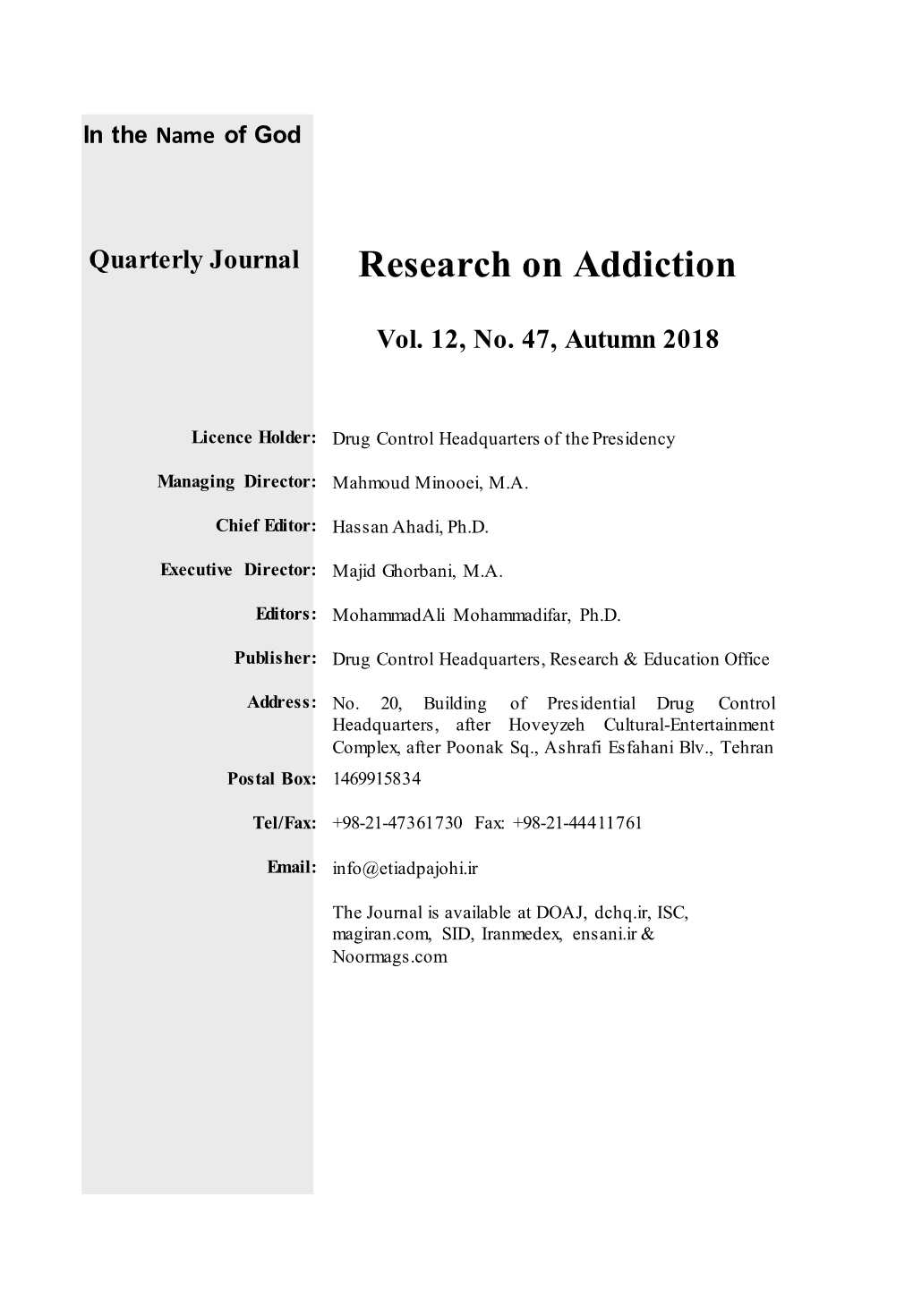 Research on Addiction Quarterly Journal of Drug Abuse