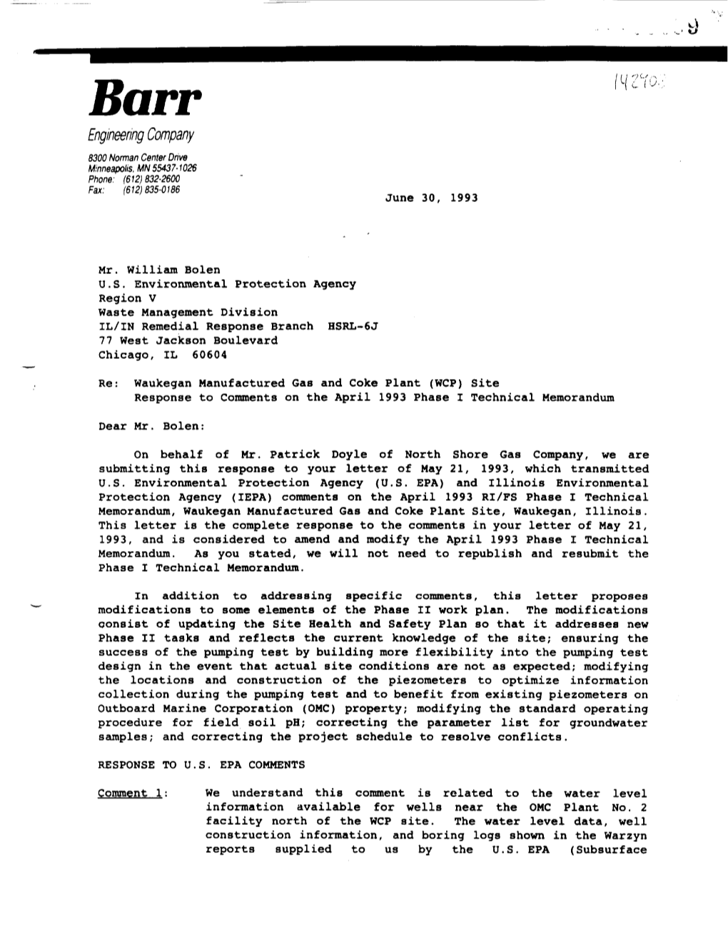 Waukegan Manufactured Gas and Coke Plant (WCP) Site Response to Comments on the April 1993 Phase I Technical Memorandum