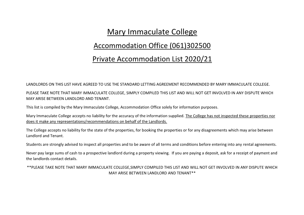 Mary Immaculate College Accommodation Office (061)302500 Private Accommodation List 2020/21