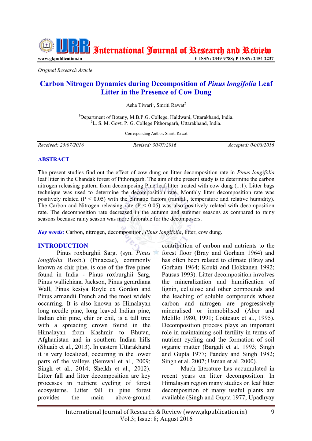 Carbon Nitrogen Dynamics During Decomposition of Pinus Longifolia Leaf Litter in the Presence of Cow Dung