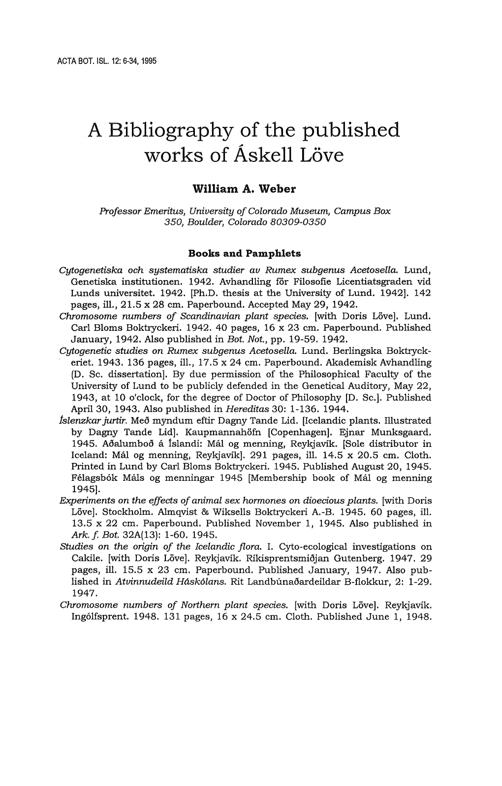 A Bibliography of the Published Works of Askell Love