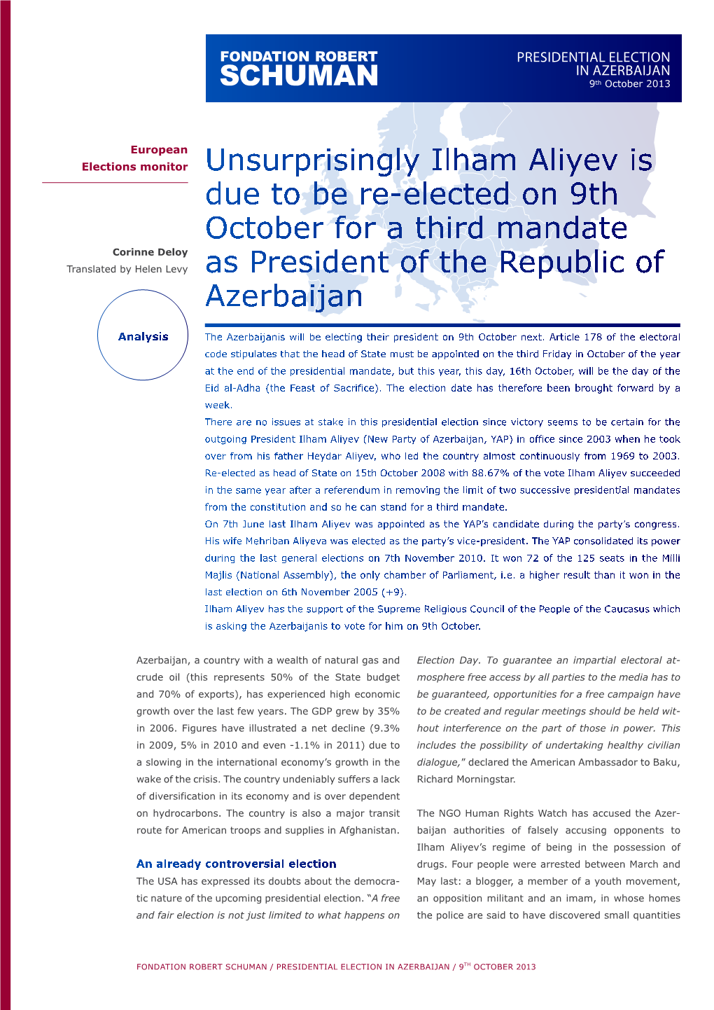 PRESIDENTIAL ELECTION in AZERBAIJAN 9Th October 2013