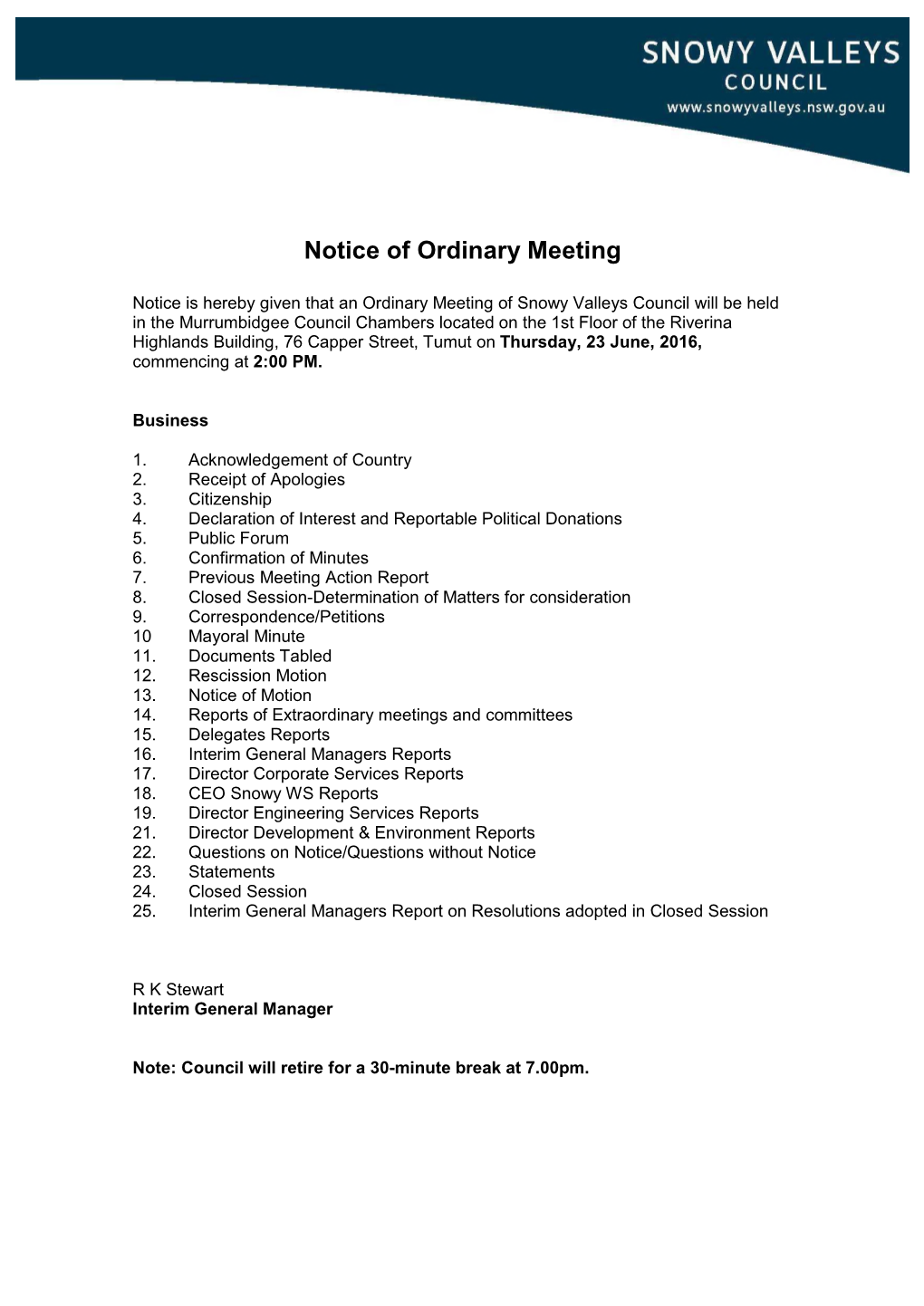 Notice of Ordinary Meeting