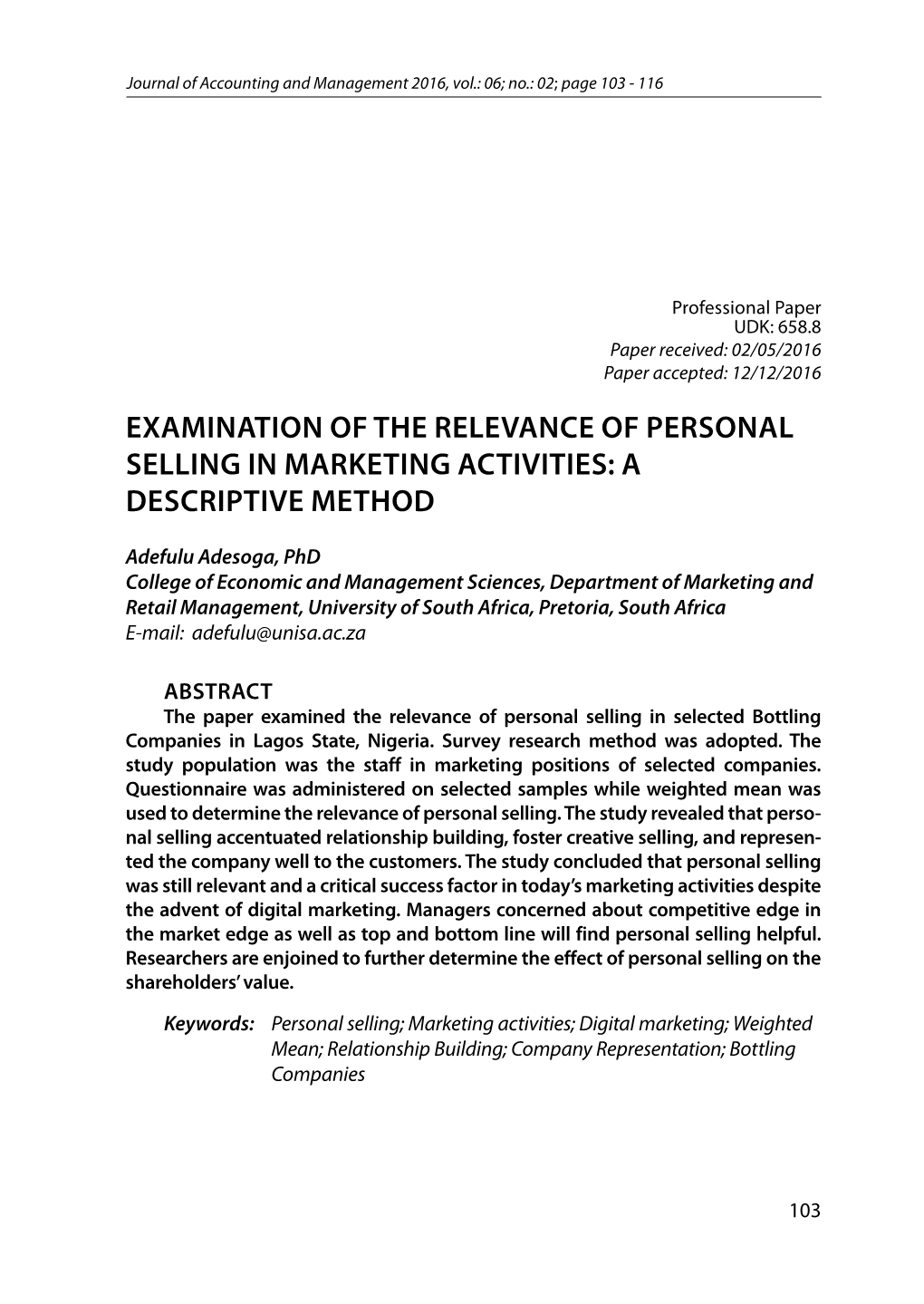 Examination of the Relevance of Personal Selling in Marketing Activities: a Descriptive Method
