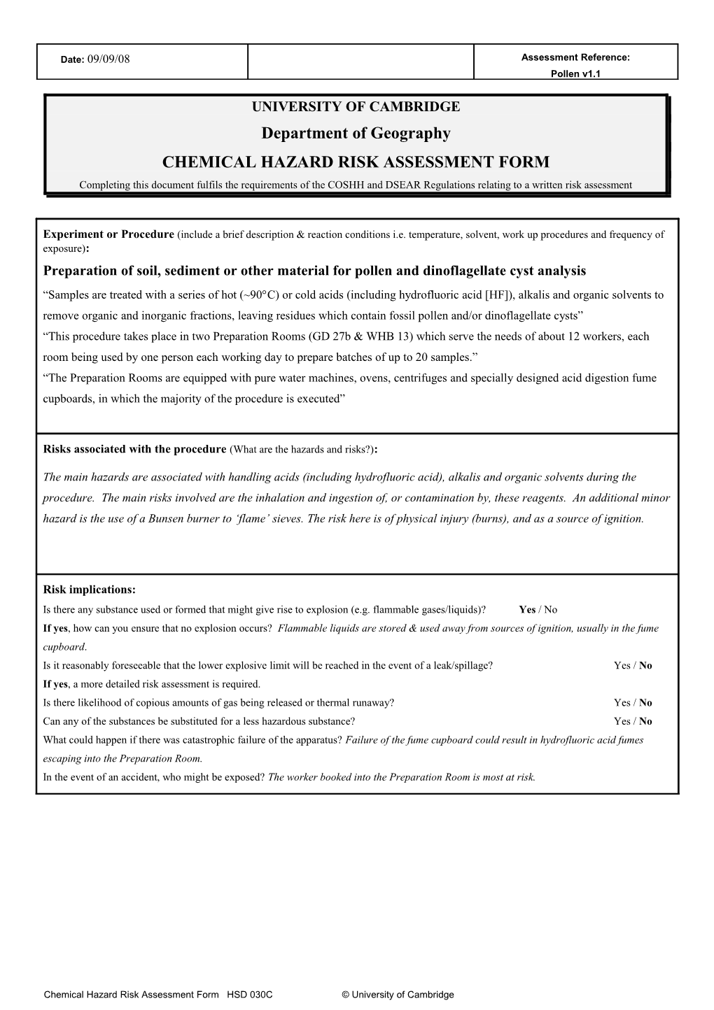 Chemical Hazard Risk Assessment Form