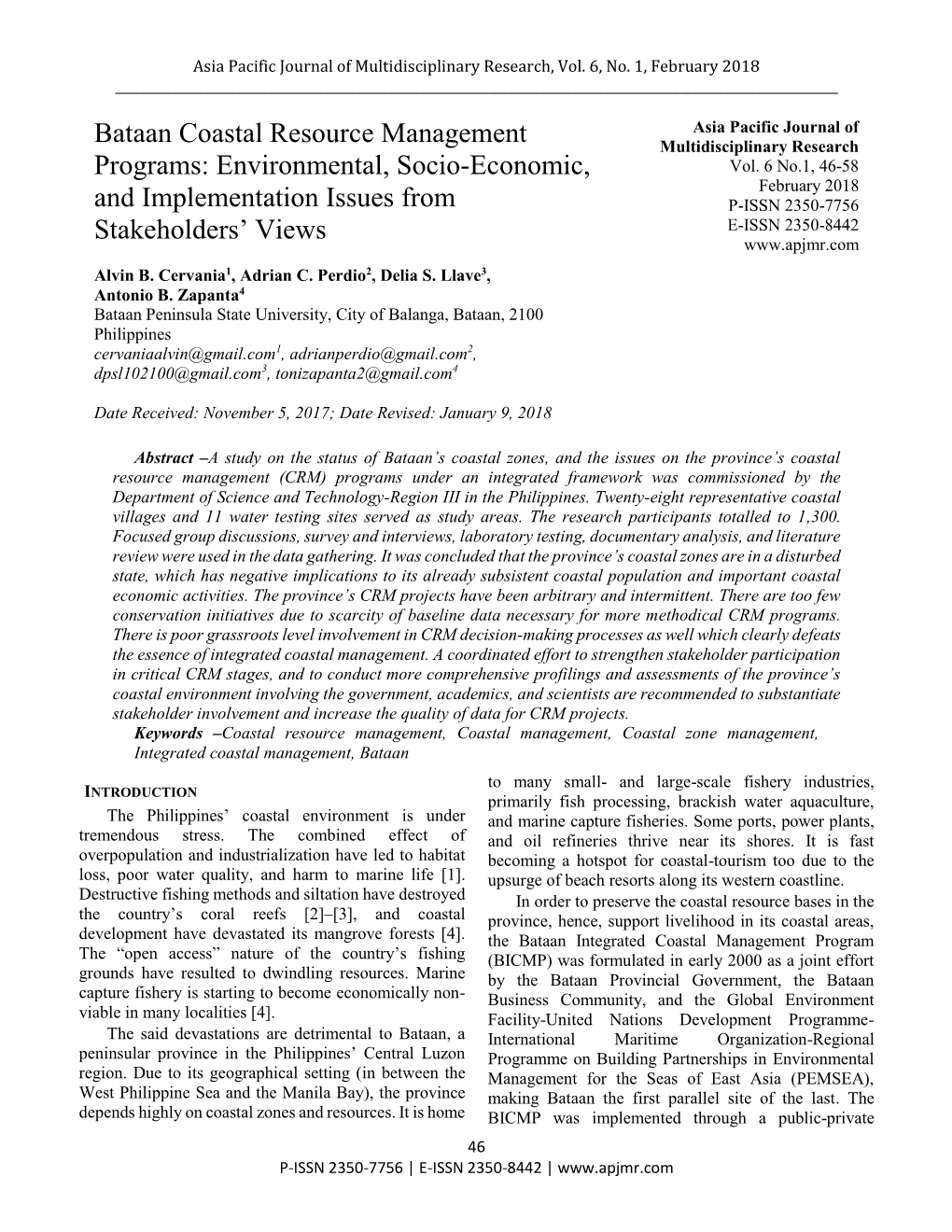 Bataan Coastal Resource Management Programs: Environmental, Socio-Economic … ______Partnership Using Provincial and Private Sector Resources