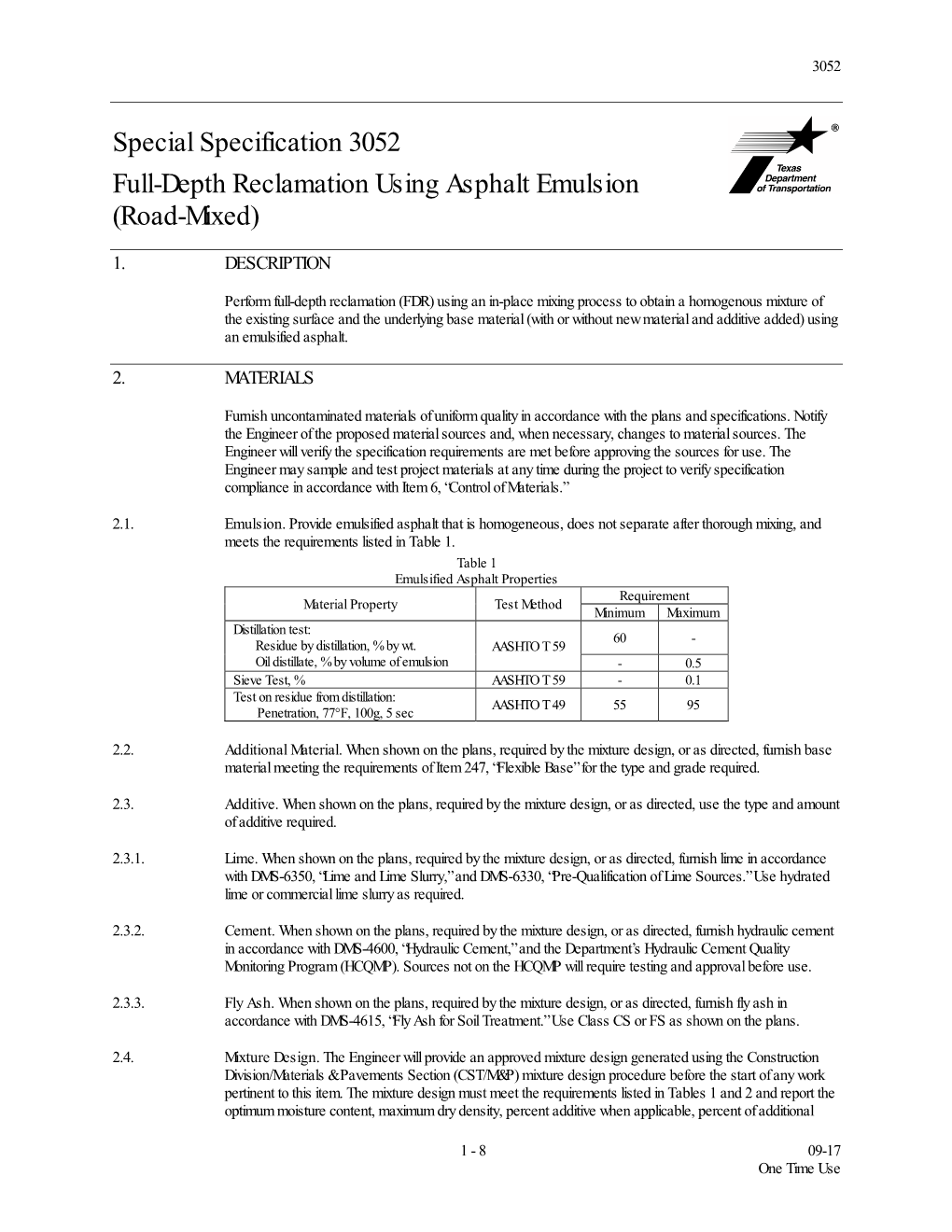 Special Specification 3052 Full-Depth Reclamation Using Asphalt Emulsion (Road-Mixed)