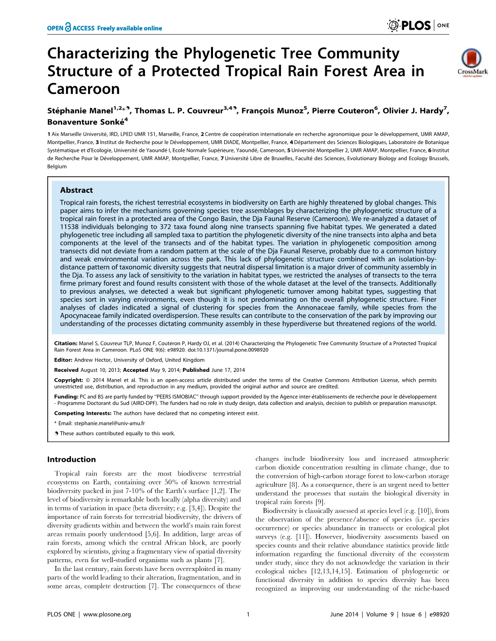 Characterizing the Phylogenetic Tree Community Structure of a Protected Tropical Rain Forest Area in Cameroon