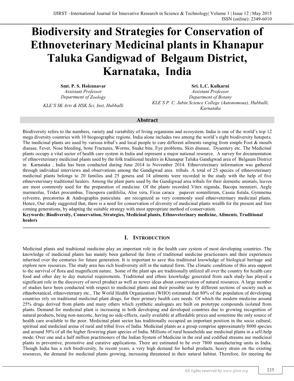 Biodiversity and Strategies for Conservation of Ethnoveterinary Medicinal Plants in Khanapur Taluka Gandigwad of Belgaum District