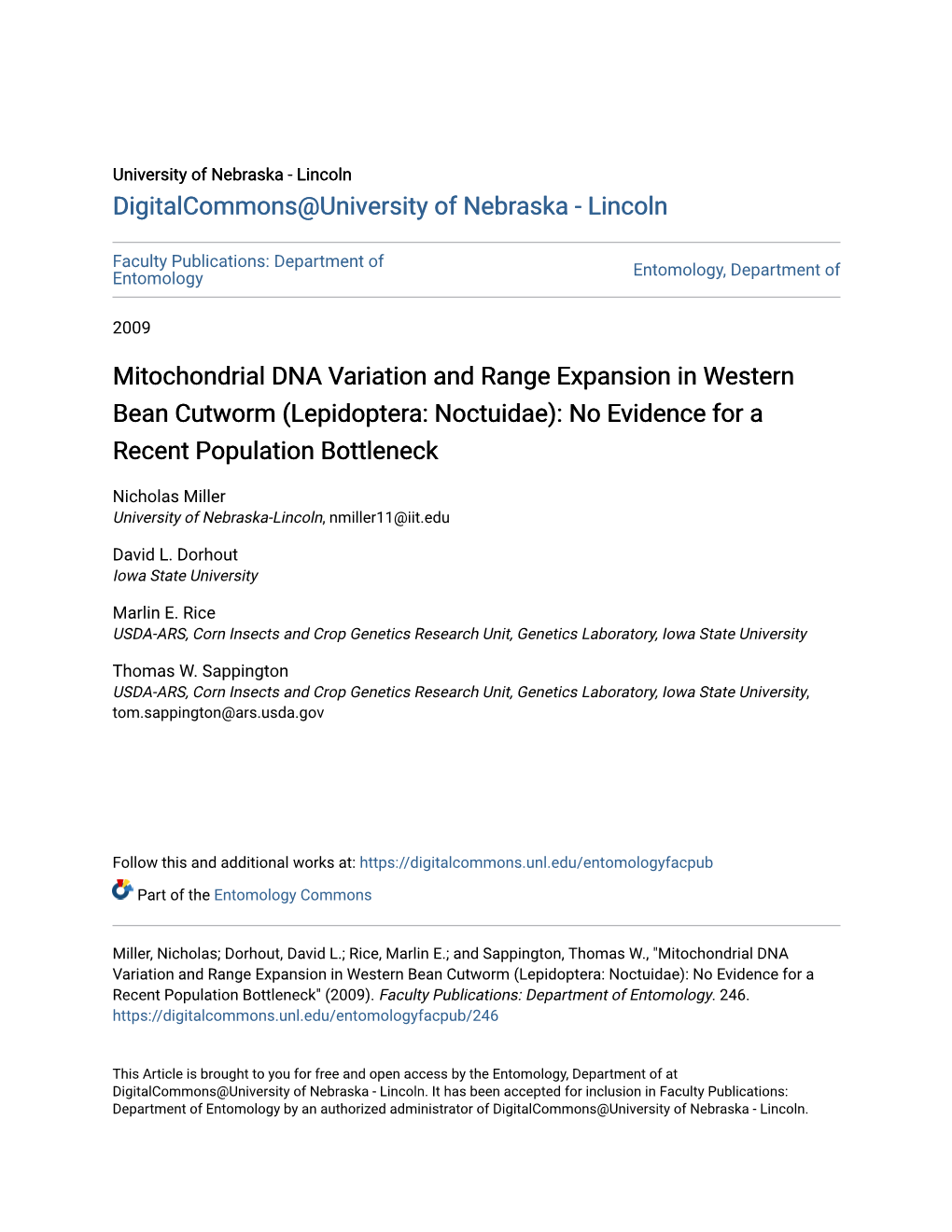 Mitochondrial DNA Variation and Range Expansion in Western Bean Cutworm (Lepidoptera: Noctuidae): No Evidence for a Recent Population Bottleneck