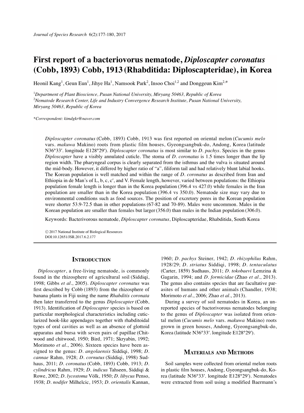 First Report of a Bacteriovorus Nematode, Diploscapter Coronatus (Cobb, 1893) Cobb, 1913 (Rhabditida: Diploscapteridae), in Korea