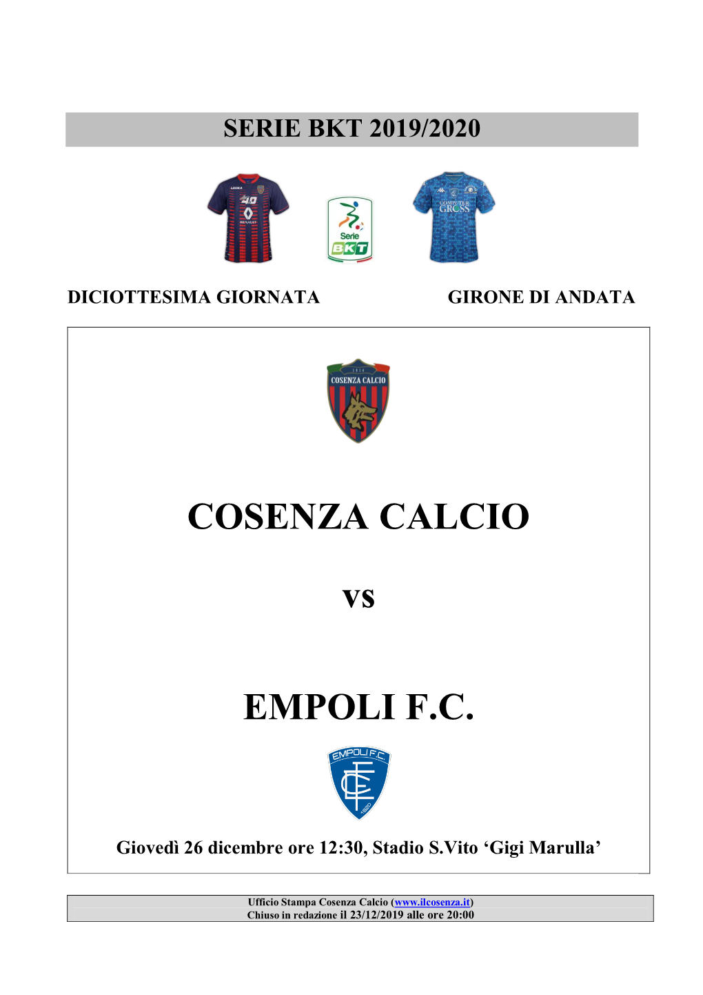 COSENZA CALCIO Vs EMPOLI F.C