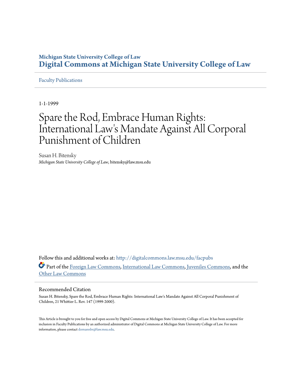International Law's Mandate Against All Corporal Punishment of Children Susan H