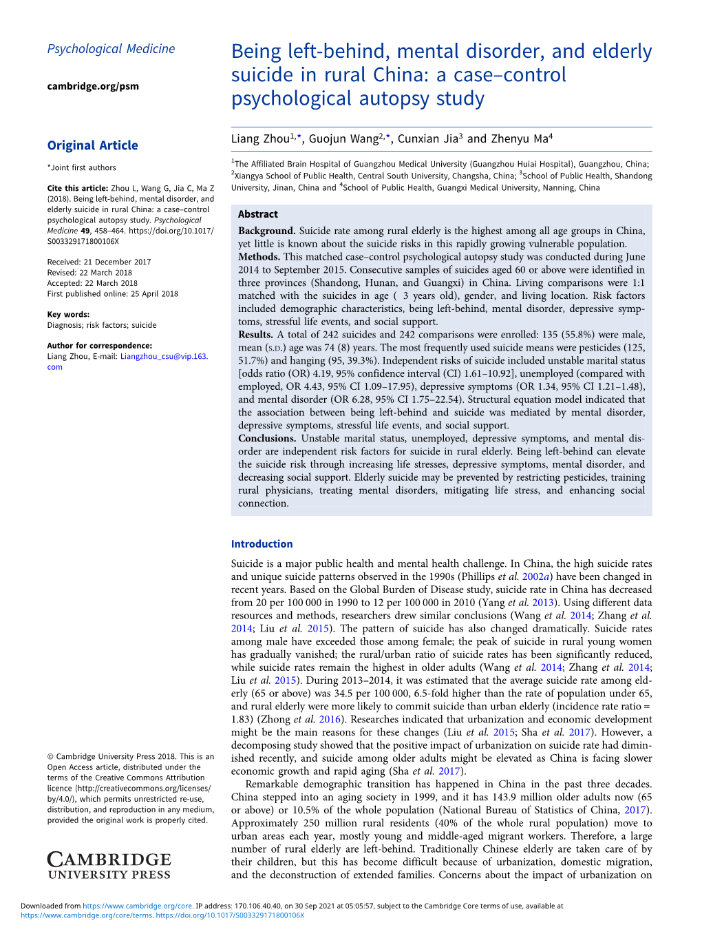 Being Left-Behind, Mental Disorder, and Elderly Suicide in Rural China: a Case–Control Psychological Autopsy Study