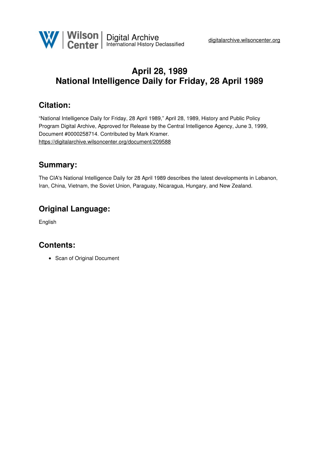 April 28, 1989 National Intelligence Daily for Friday, 28 April 1989