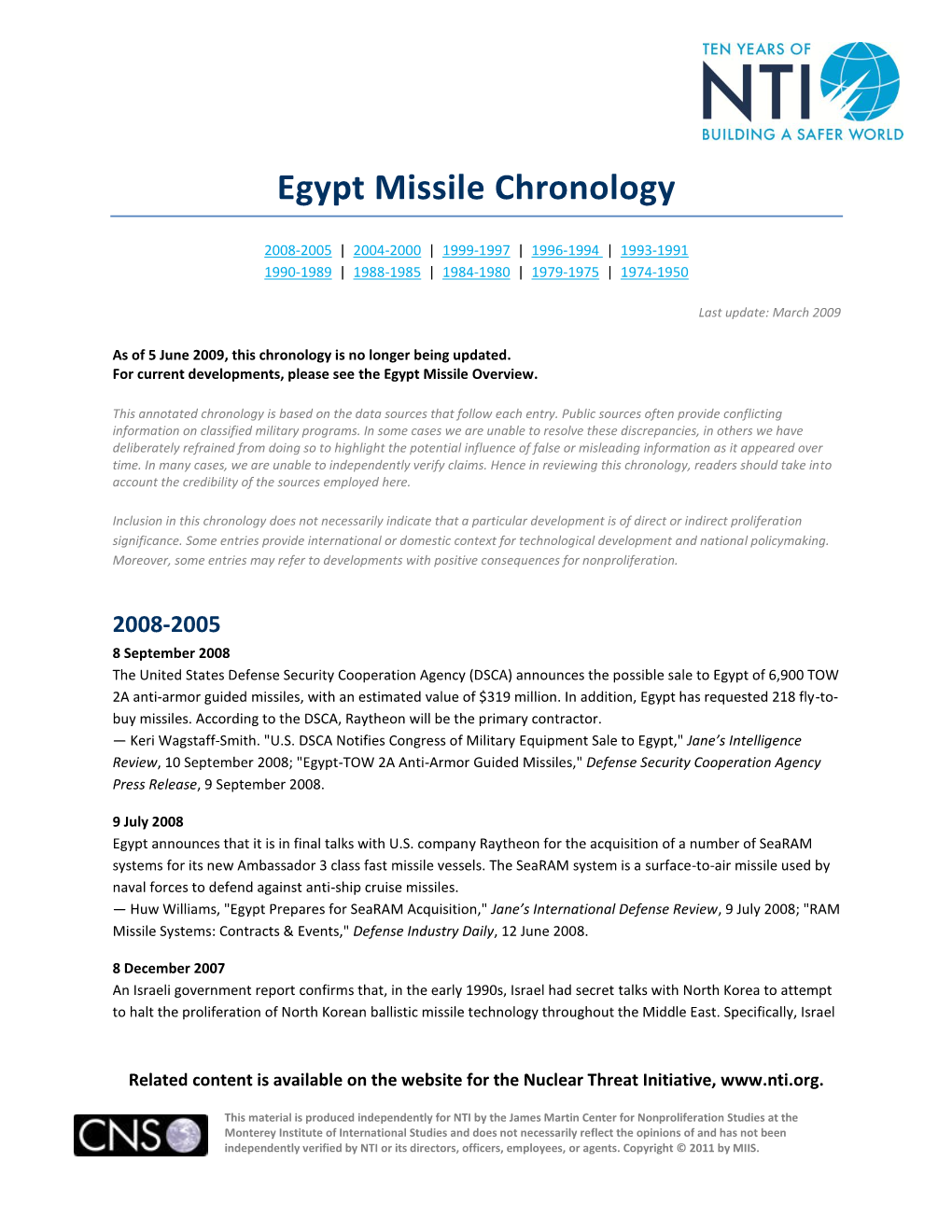 Egypt Missile Chronology