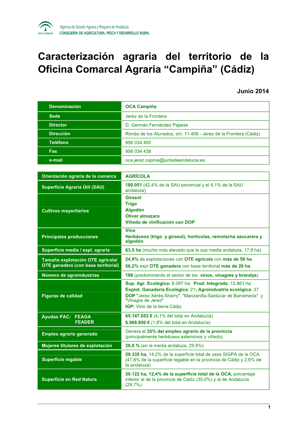 Caracterización Agraria Del Territorio De La Oficina Comarcal Agraria “Campiña” (Cádiz)