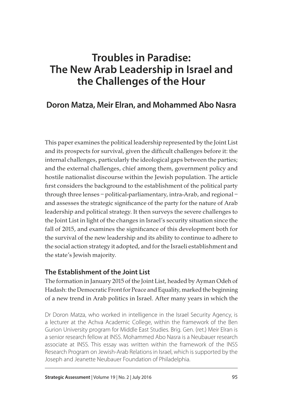 Troubles in Paradise: the New Arab Leadership in Israel and the Challenges of the Hour