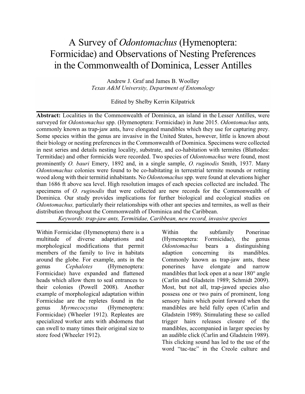 A Survey of Odontomachus (Hymenoptera: Formicidae) and Observations of Nesting Preferences in the Commonwealth of Dominica, Lesser Antilles