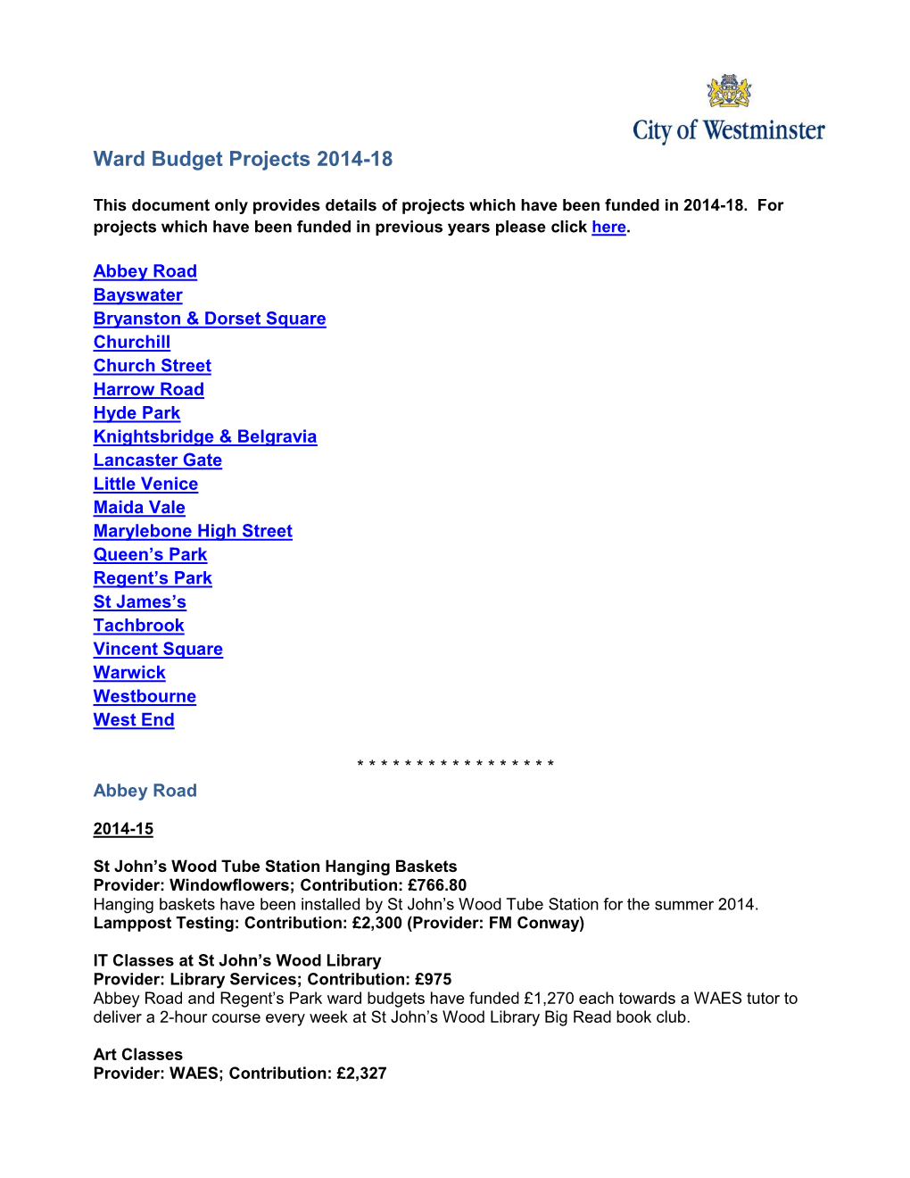 Ward Budget Projects 2014-18