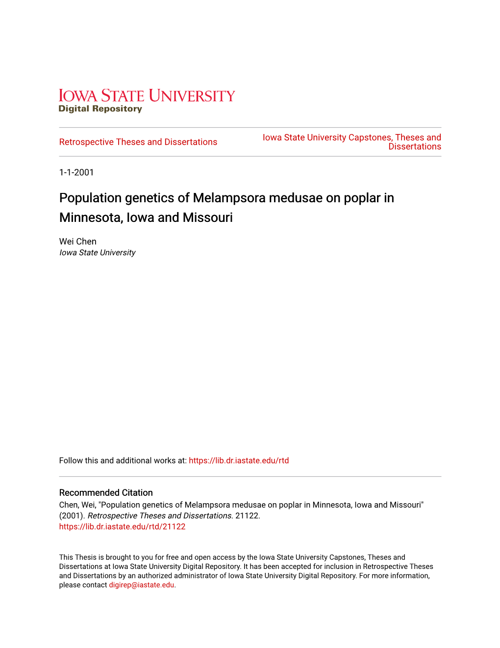 Population Genetics of Melampsora Medusae on Poplar in Minnesota, Iowa and Missouri