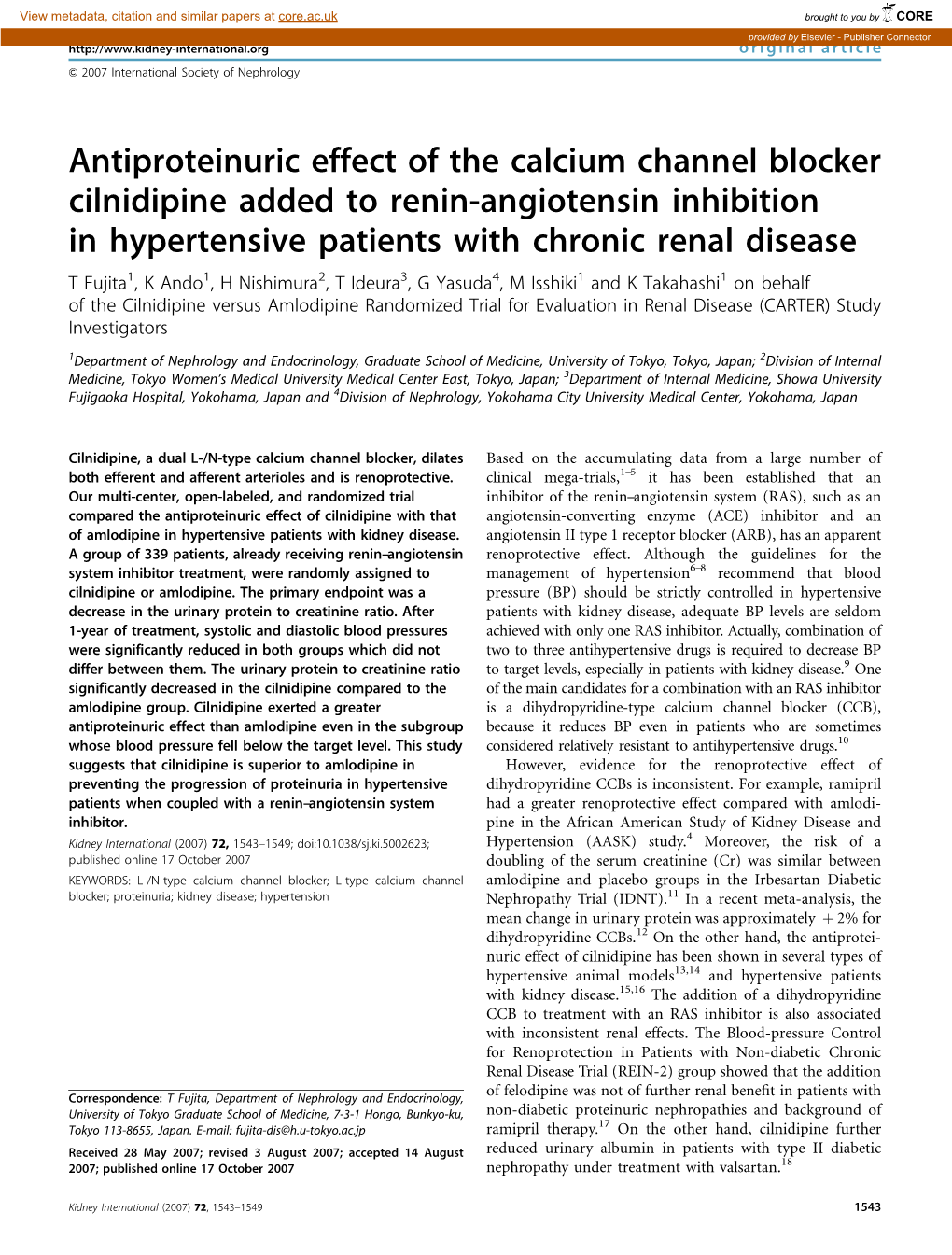 Antiproteinuric Effect of the Calcium Channel Blocker Cilnidipine Added