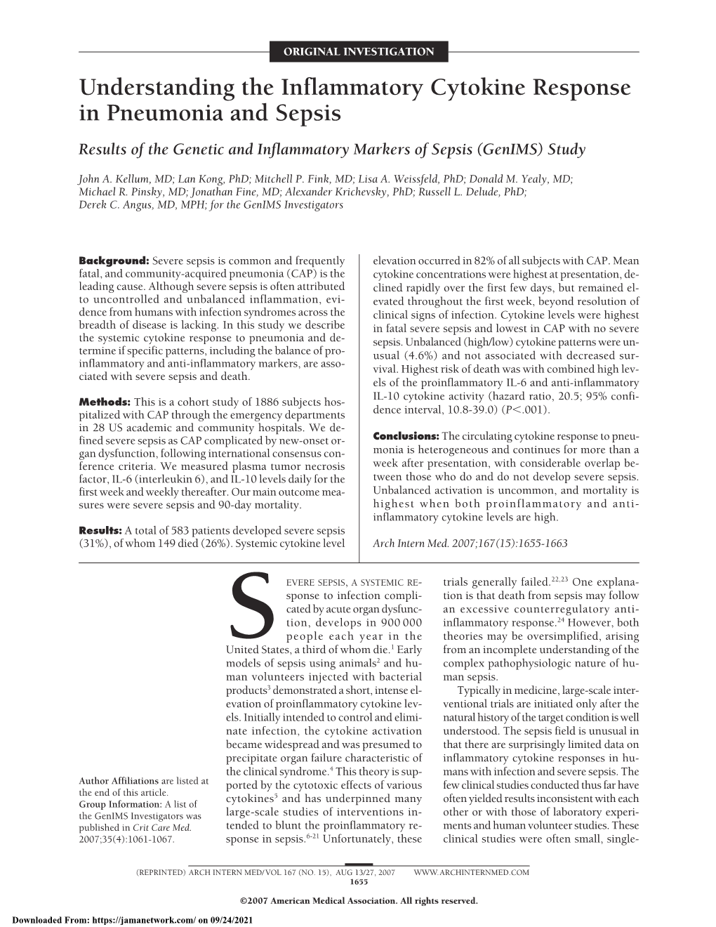 Understanding the Inflammatory Cytokine Response in Pneumonia and Sepsis Results of the Genetic and Inflammatory Markers of Sepsis (Genims) Study