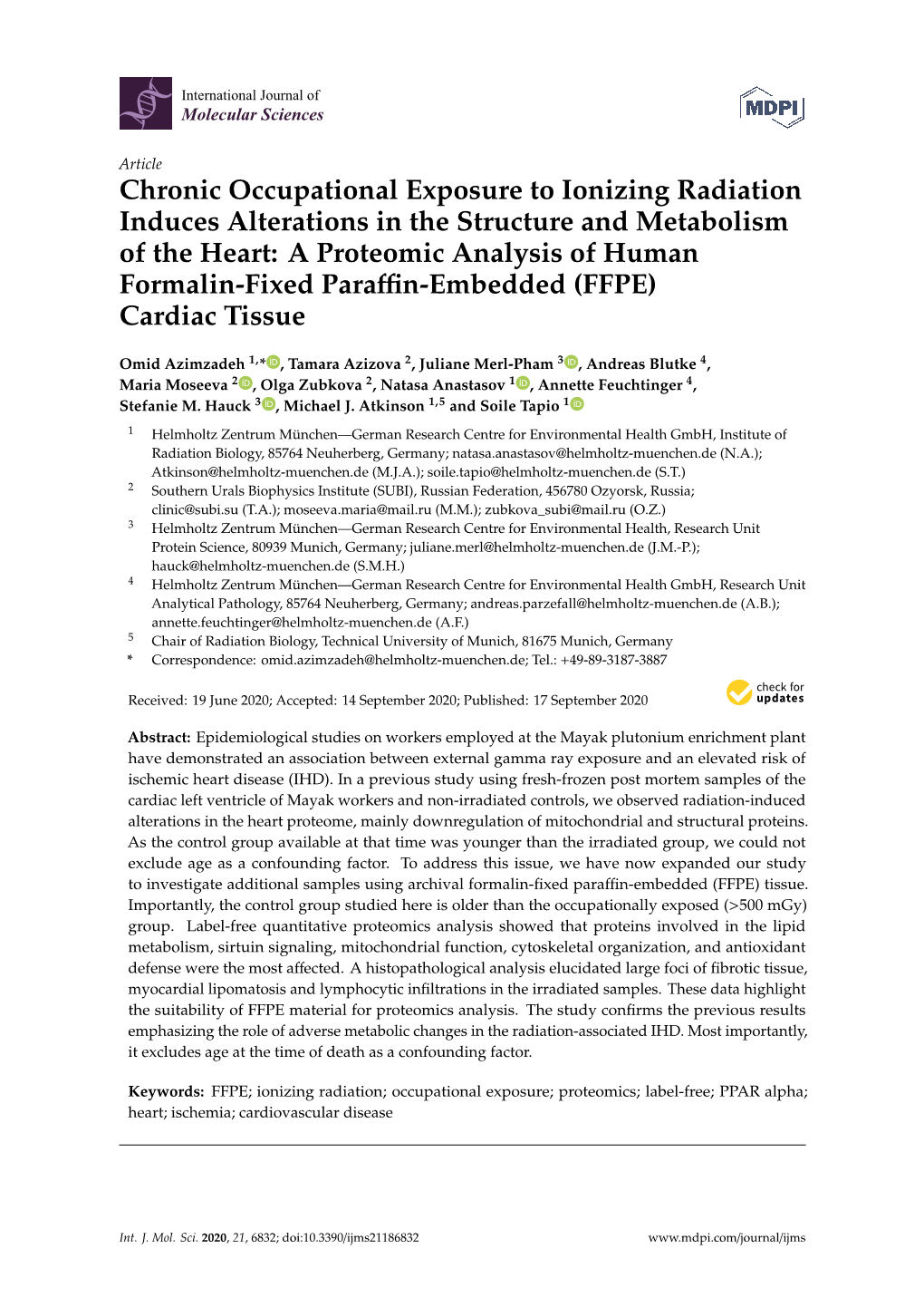 Chronic Occupational Exposure to Ionizing Radiation Induces Alterations in the Structure and Metabolism of the Heart