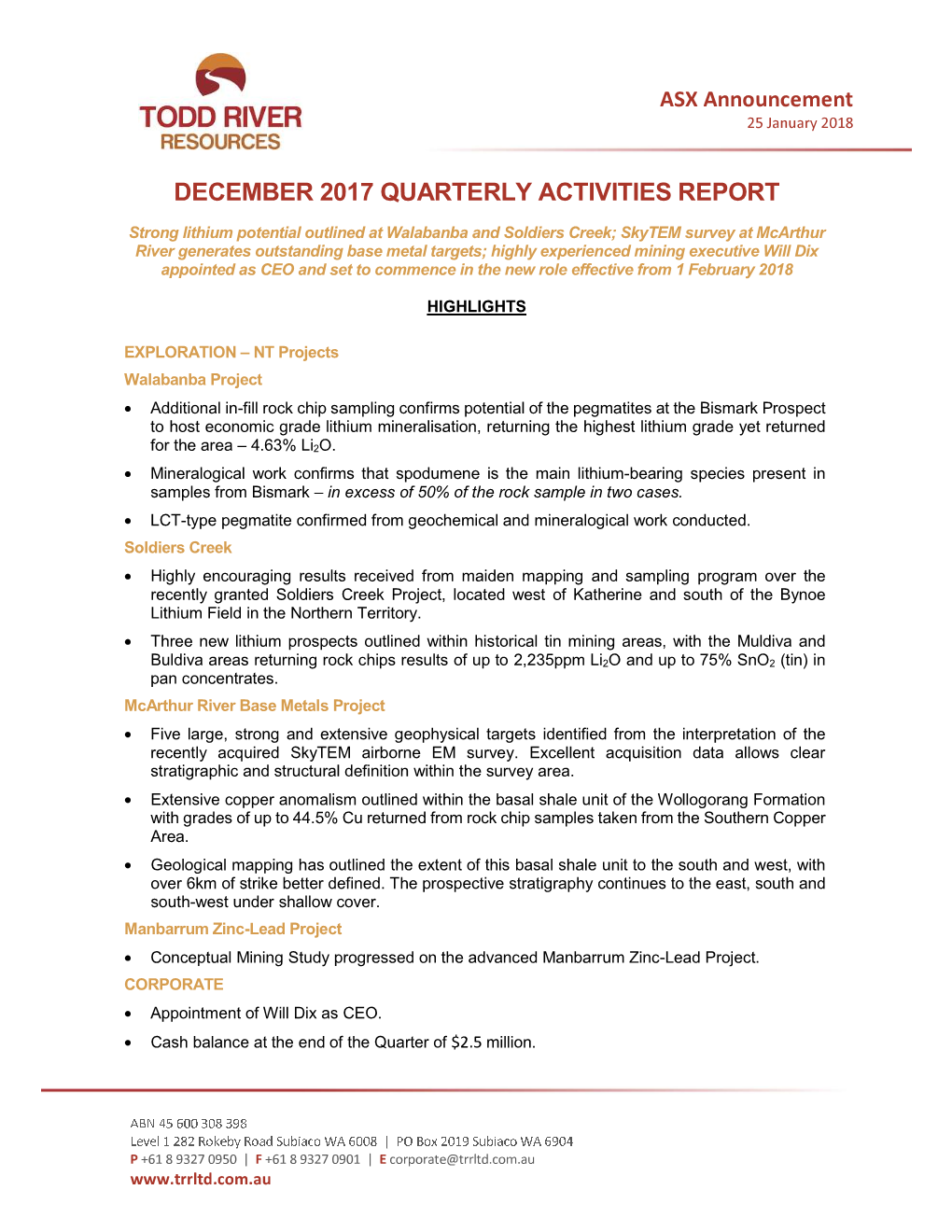 December 2017 Quarterly Activities Report