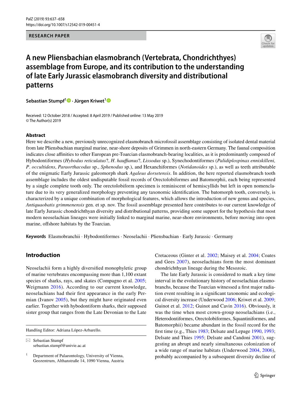 A New Pliensbachian Elasmobranch (Vertebrata, Chondrichthyes)