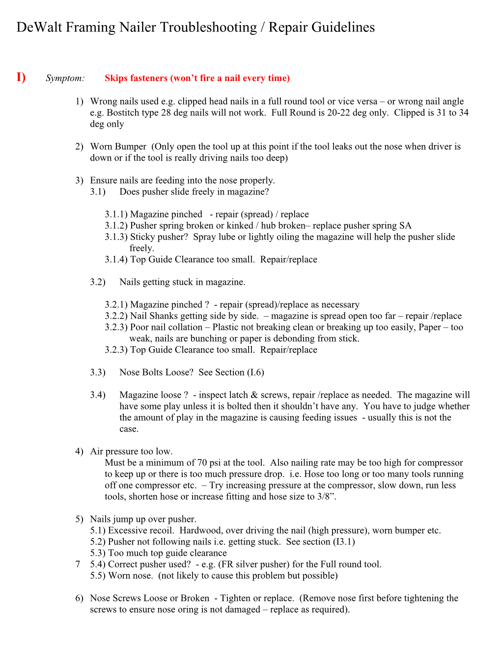 Dewalt Framing Nailer Troubleshooting / Repair Guidelines