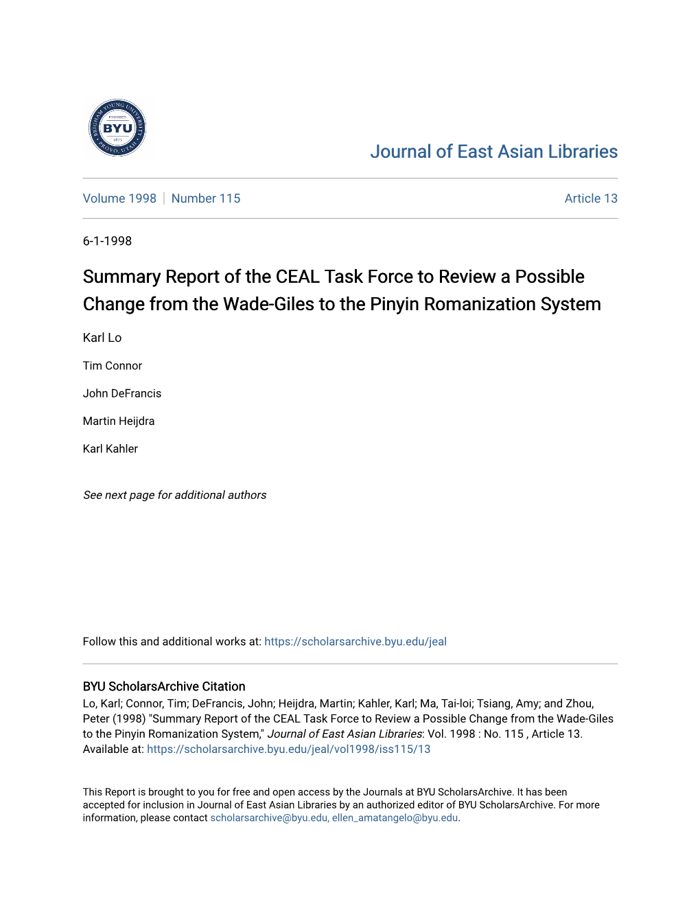 Summary Report of the CEAL Task Force to Review a Possible Change from the Wade-Giles to the Pinyin Romanization System
