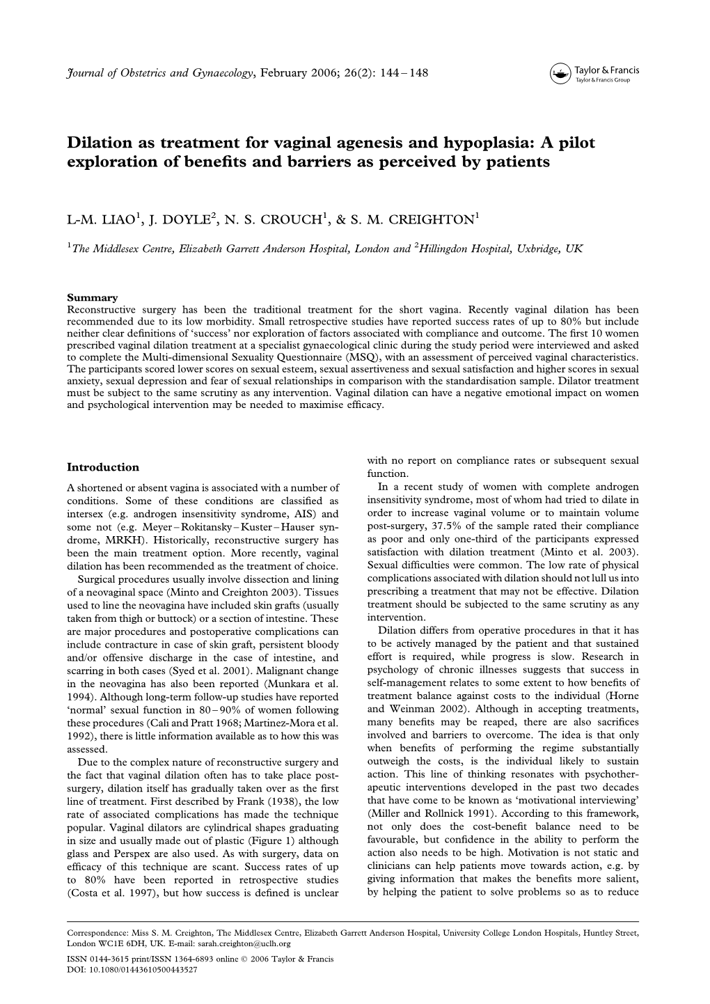 Dilation As Treatment for Vaginal Agenesis and Hypoplasia: a Pilot Exploration of Beneﬁts and Barriers As Perceived by Patients