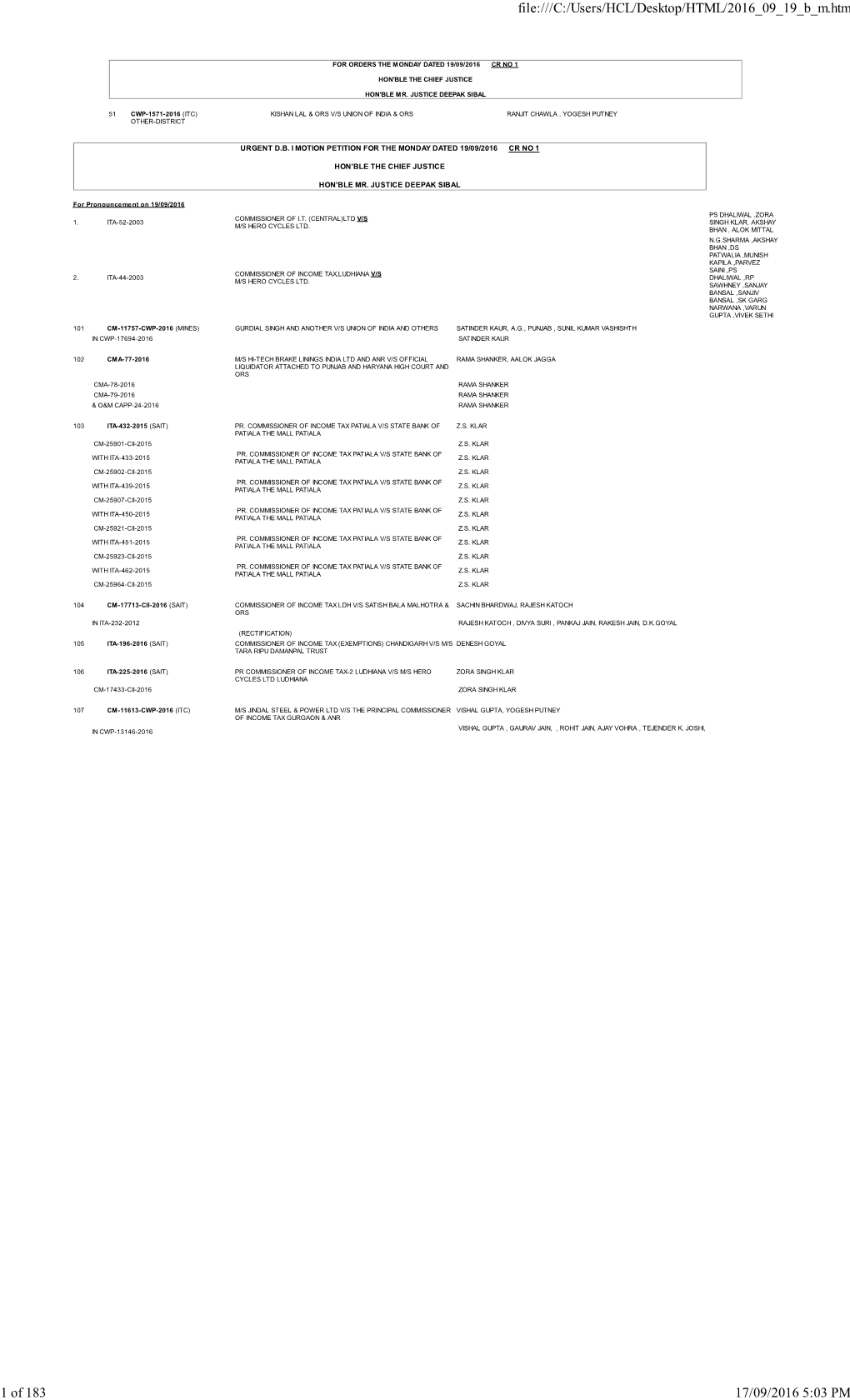 Urgent D.B. I Motion Petition for the Monday Dated 19/09/2016 Cr No 1