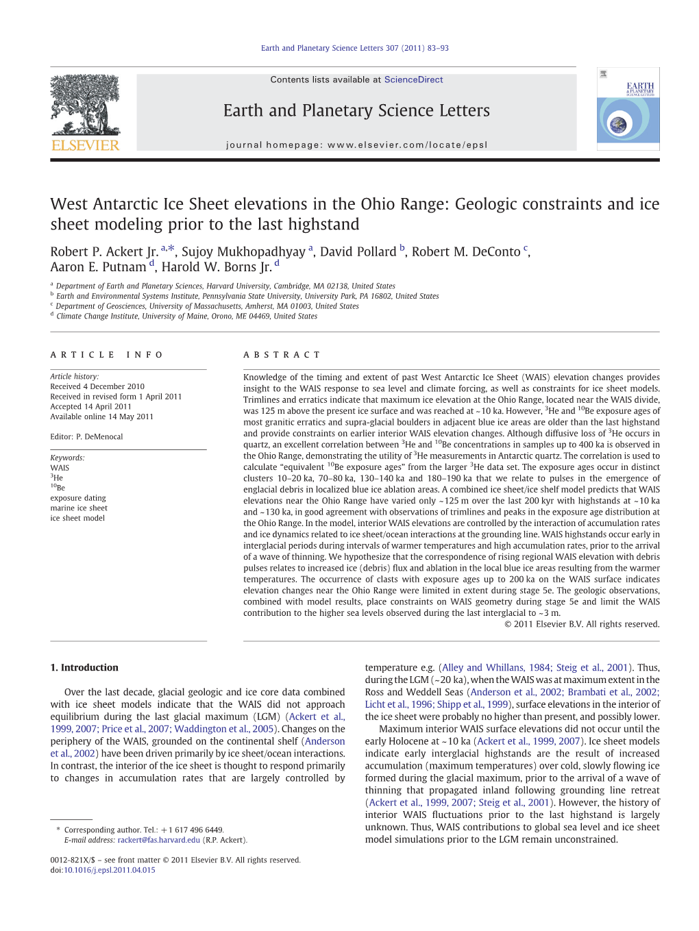 West Antarctic Ice Sheet Elevations in the Ohio Range: Geologic Constraints and Ice Sheet Modeling Prior to the Last Highstand