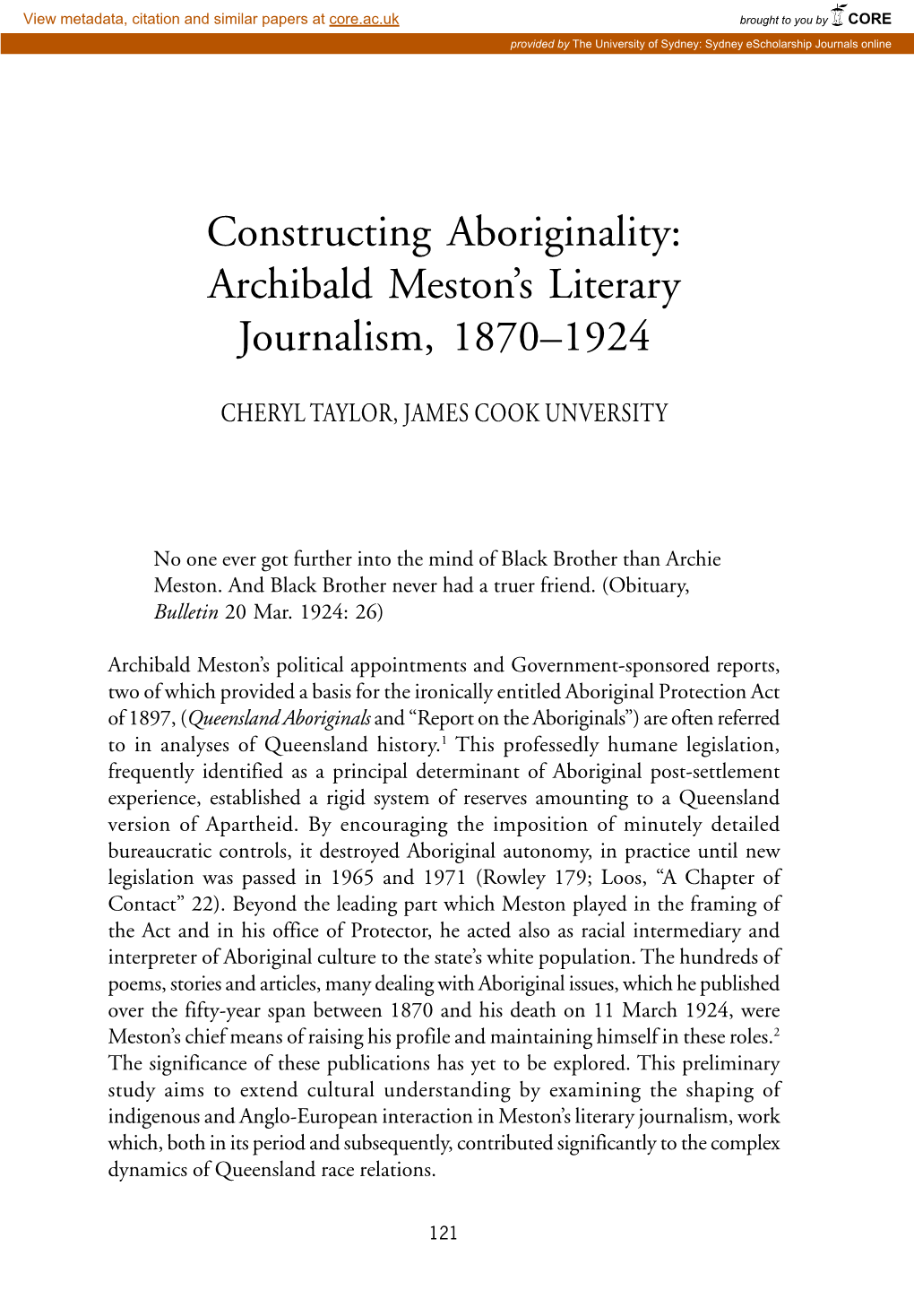 Archibald Meston's Literary Journalism, 1870–1924