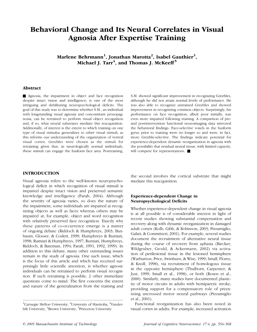 Behavioral Change and Its Neural Correlates in Visual Agnosia After Expertise Training