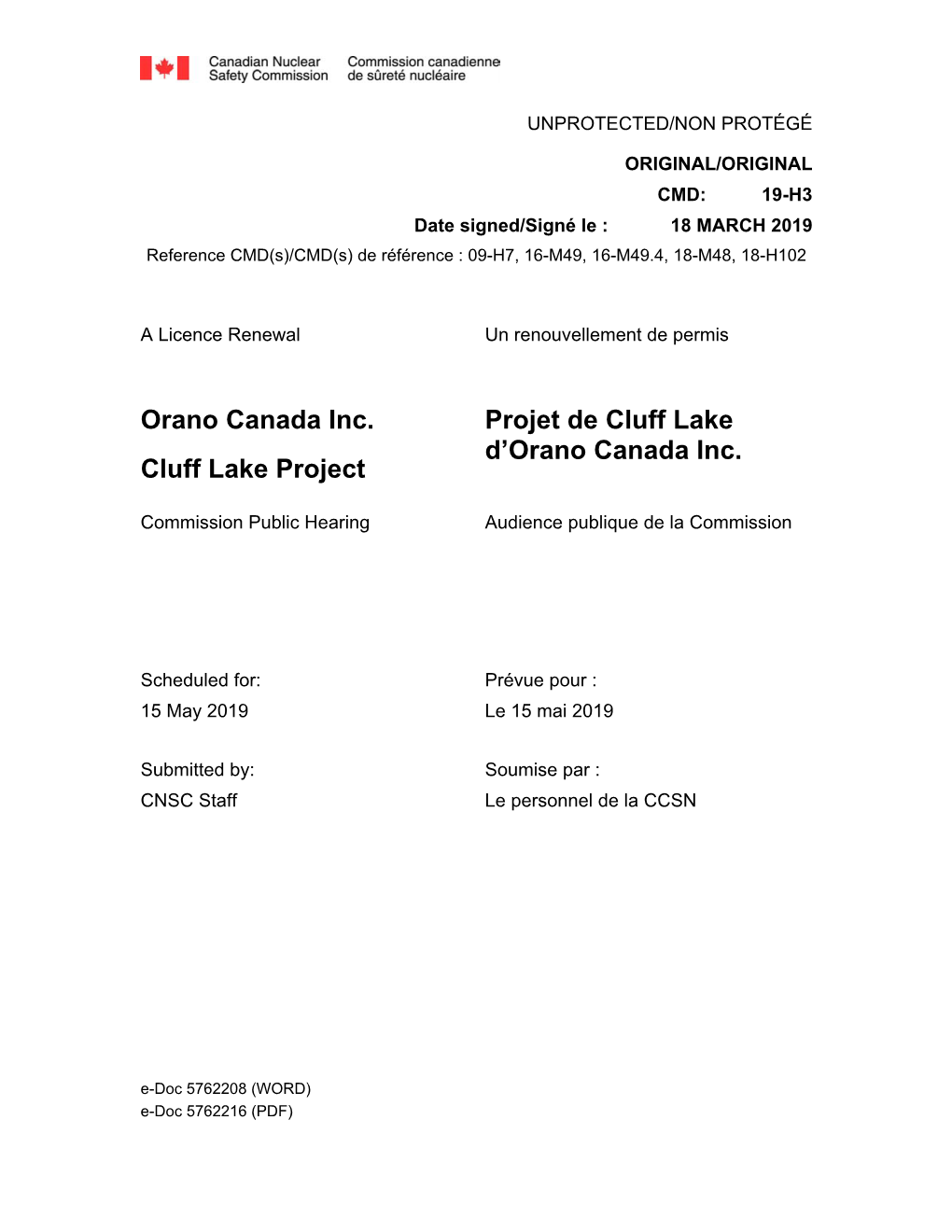 Orano Canada Inc. Cluff Lake Project Projet De Cluff Lake D'orano