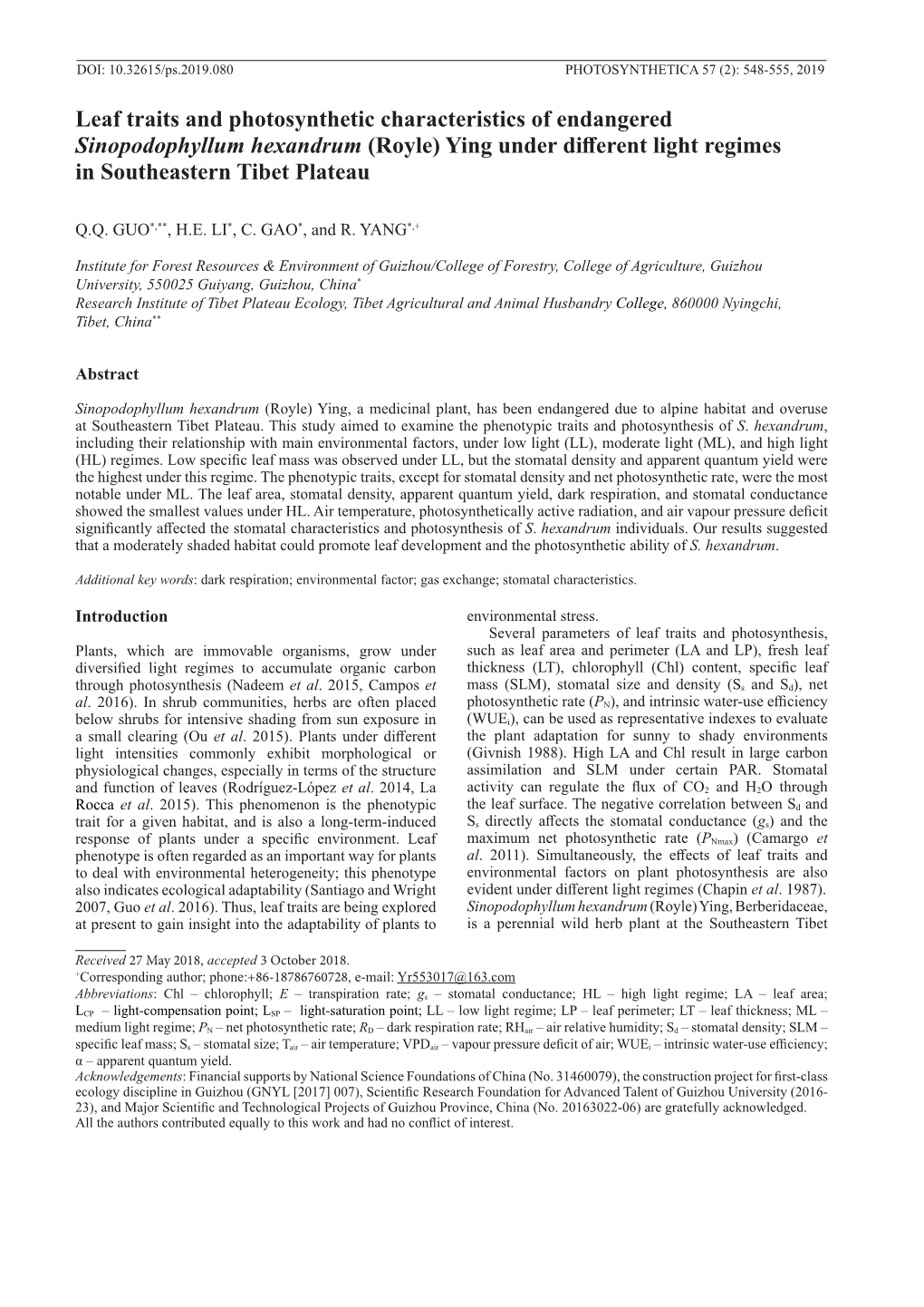 Leaf Traits and Photosynthetic Characteristics of Endangered Sinopodophyllum Hexandrum (Royle) Ying Under Different Light Regimes in Southeastern Tibet Plateau