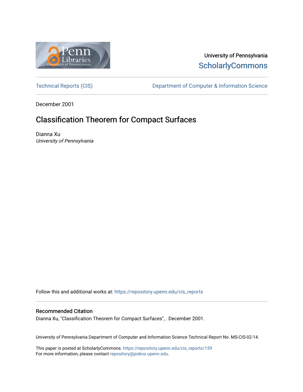 Classification Theorem for Compact Surfaces