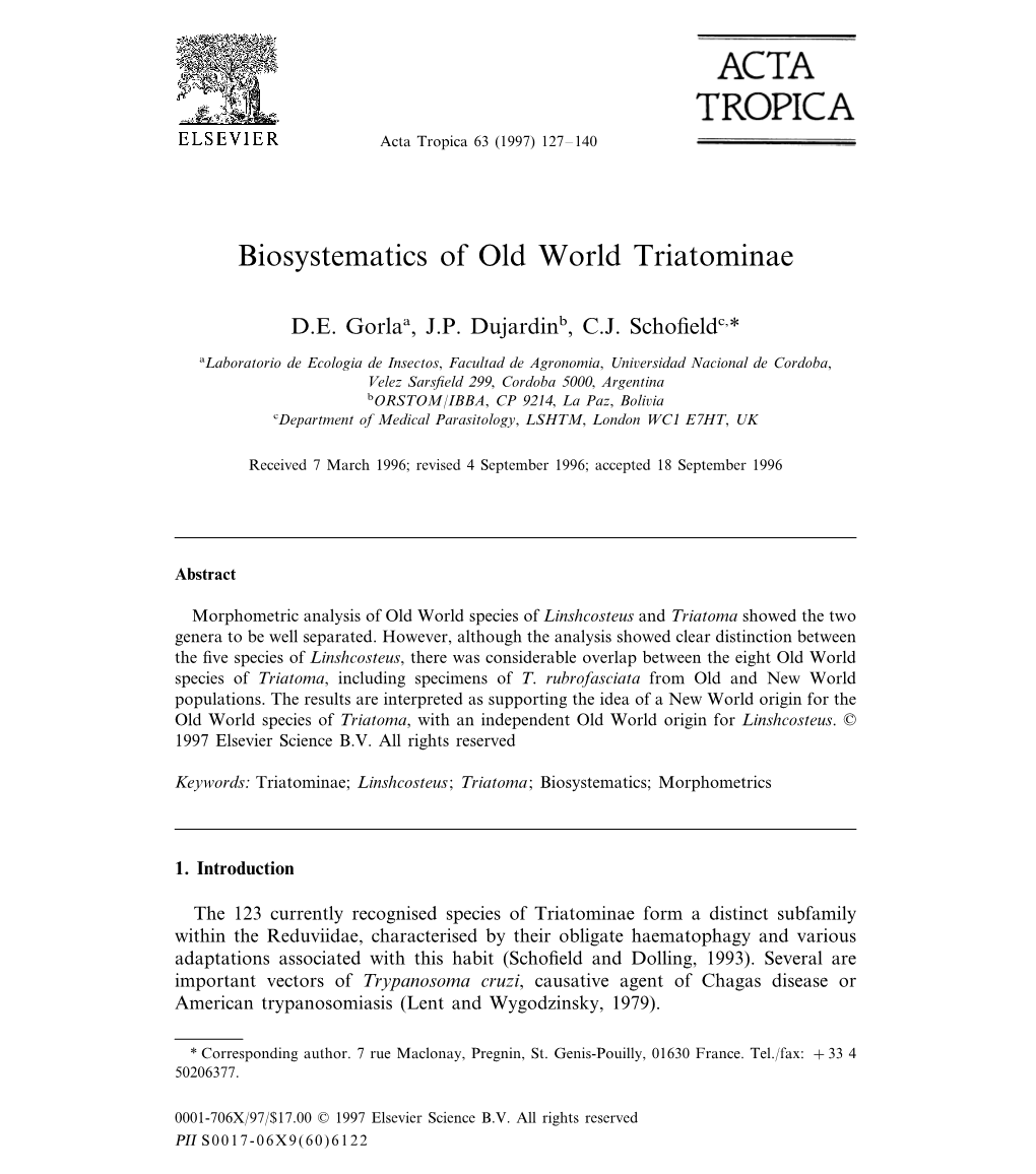 Biosystematics of Old World Triatominae