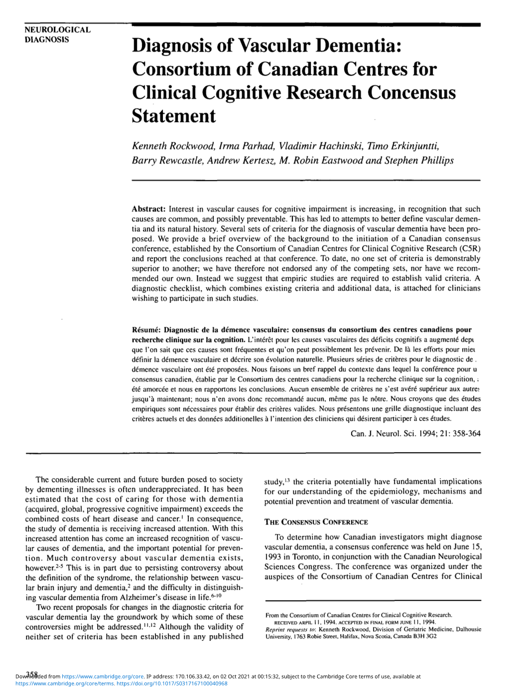 Diagnosis of Vascular Dementia: Consortium of Canadian Centres for Clinical Cognitive Research Concensus Statement