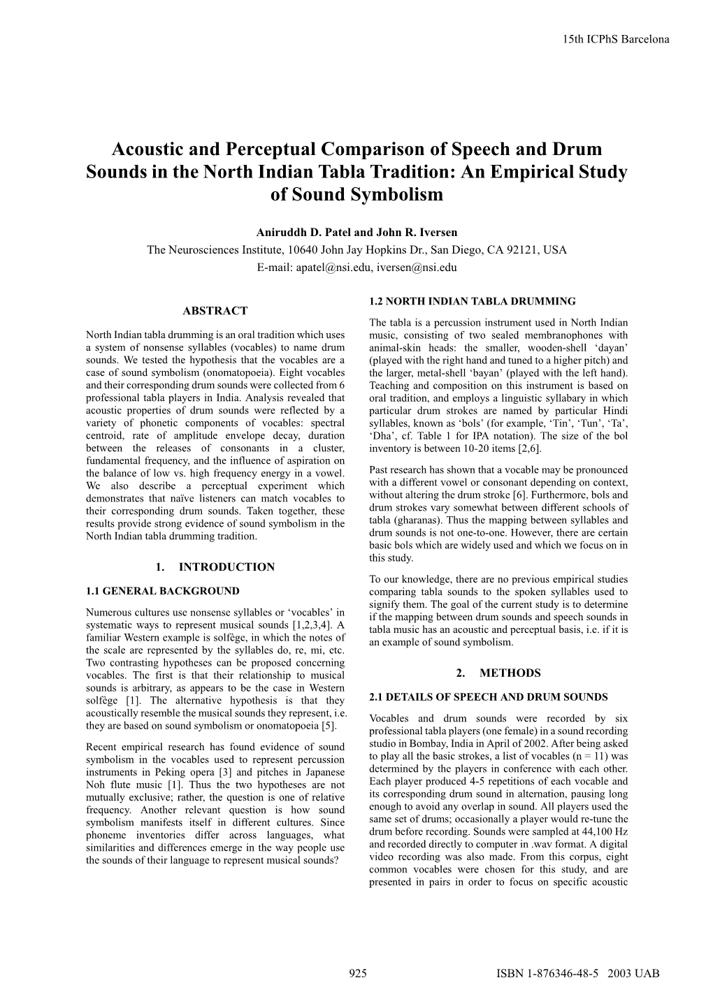 Acoustic and Perceptual Comparison of Speech and Drum Sounds in the North Indian Tabla Tradition: an Empirical Study of Sound Symbolism
