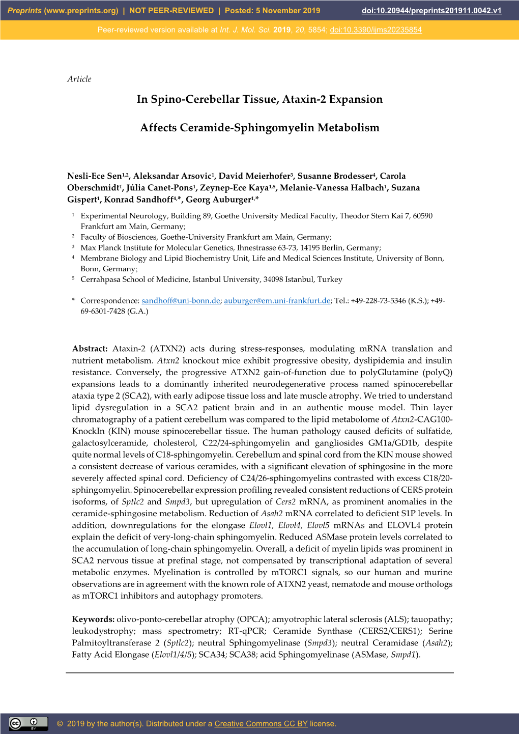 In Spino-Cerebellar Tissue, Ataxin-2 Expansion Affects Ceramide-Sphingomyelin Metabolism