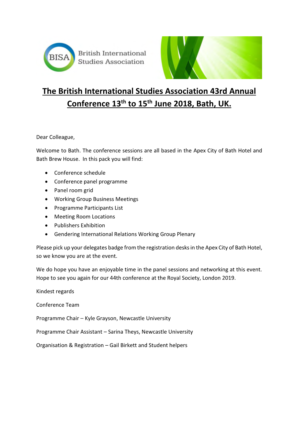 The British International Studies Association 43Rd Annual Conference 13Th to 15Th June 2018, Bath, UK