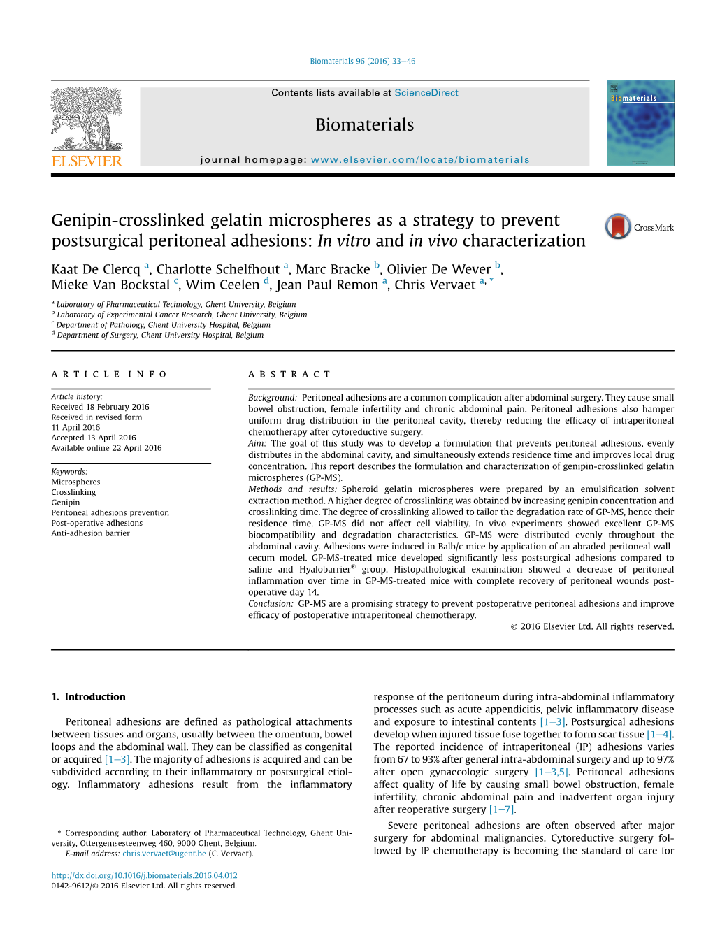 Genipin-Crosslinked Gelatin Microspheres As a Strategy to Prevent Postsurgical Peritoneal Adhesions: in Vitro and in Vivo Characterization